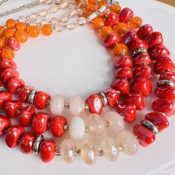 Sparkling Vintage Necklace 3 Strand Organic Form Glass Resin Beads Colorful 4112 - Picture 4 of 8